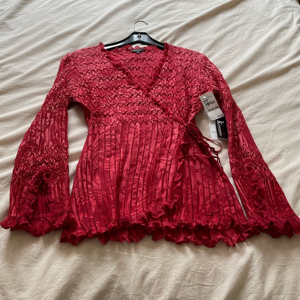 Komarov Red Crinkle Smocked Wrap Blouse